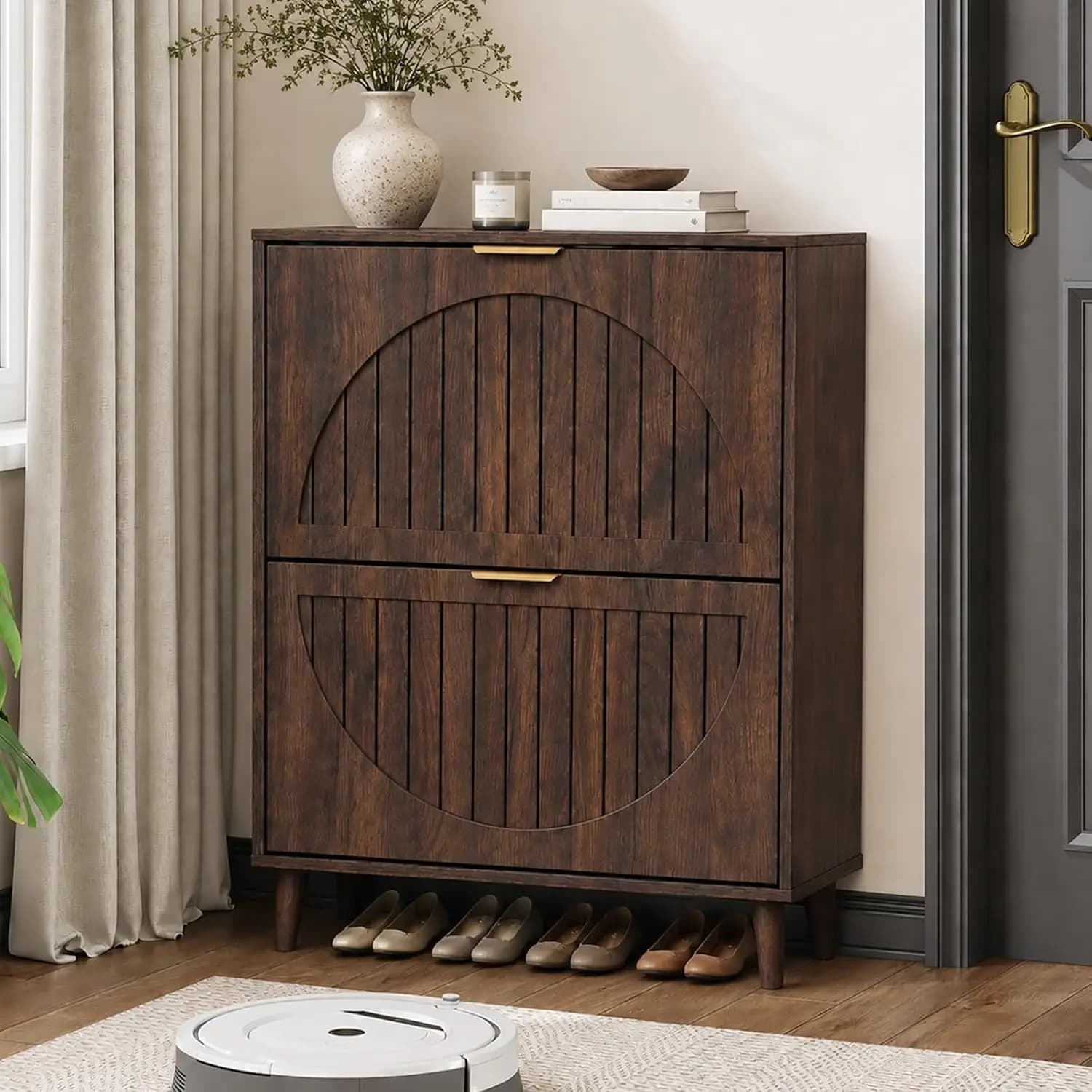 Shoe Storage Cabinet for Entryway, Narrow Slim Shoe Cabinet with 2 Flip Drawers, Freestanding Hidden Shoe Cabinet, Modern Wood