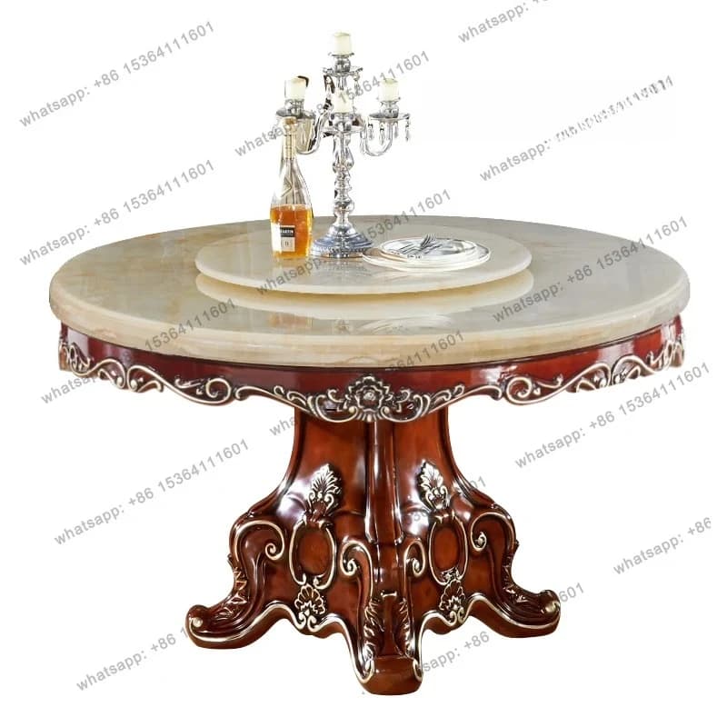 yj7 European round table, American hotel villa restaurant with turntable round table solid wood carving flower marble