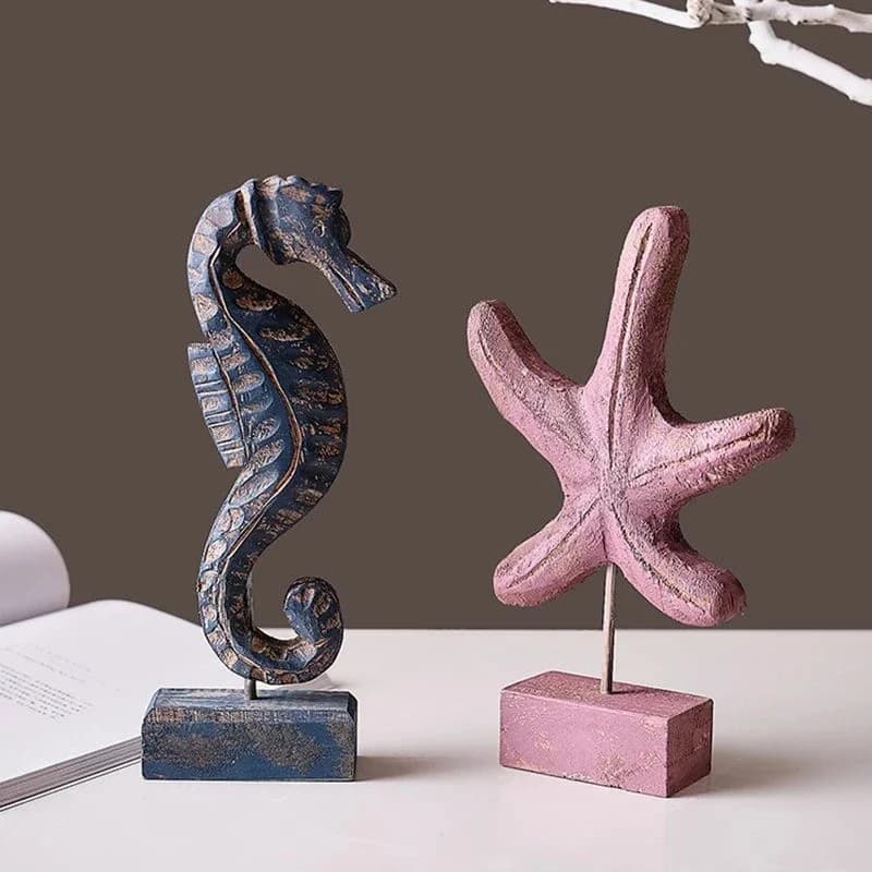 Marine Organism Wood Statue Starfish Conch Ornaments Desk Decoration Creative Seahorse Wood Sculpture Room Aesthetics Decor