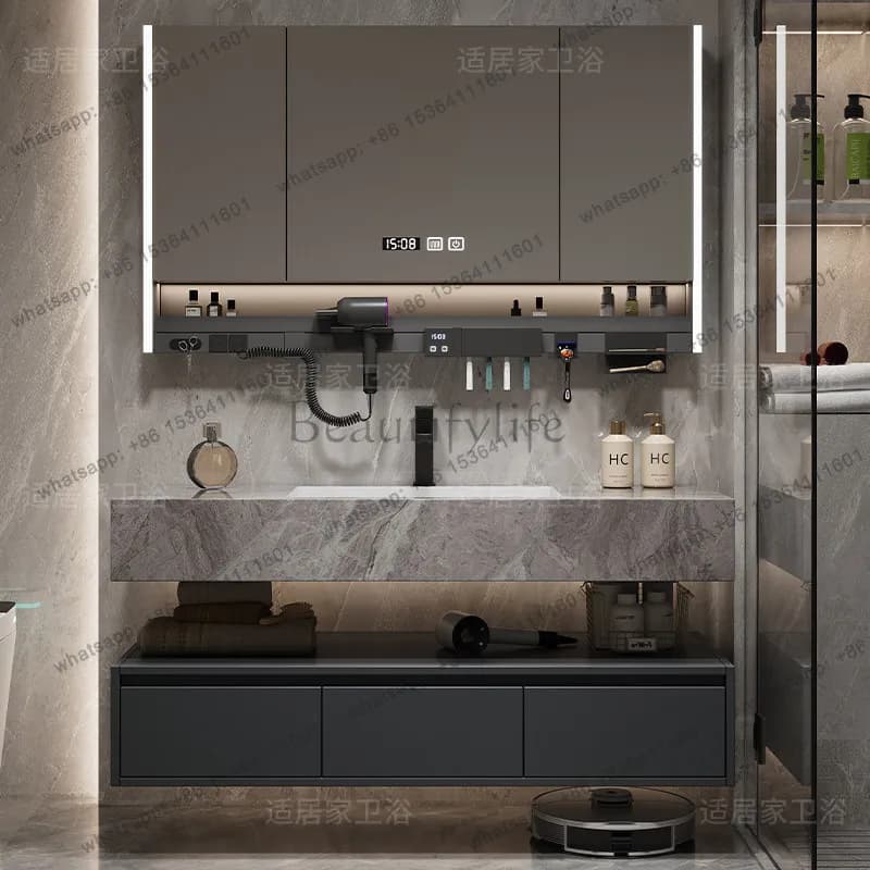 Modern Bathroom Vanity with Grey Sintered Stone Integrated Basin and Smart LED Mirror Cabinet for Home Bathroom furniture