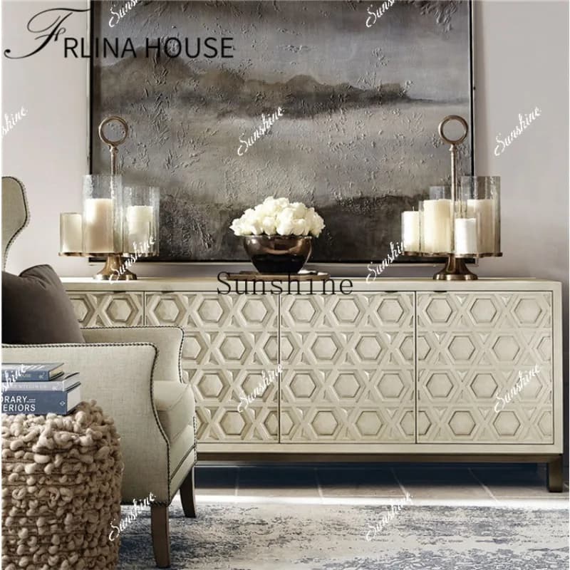 American rural solid wood TV high style post modern light luxury carved living room storage cabinet  FT