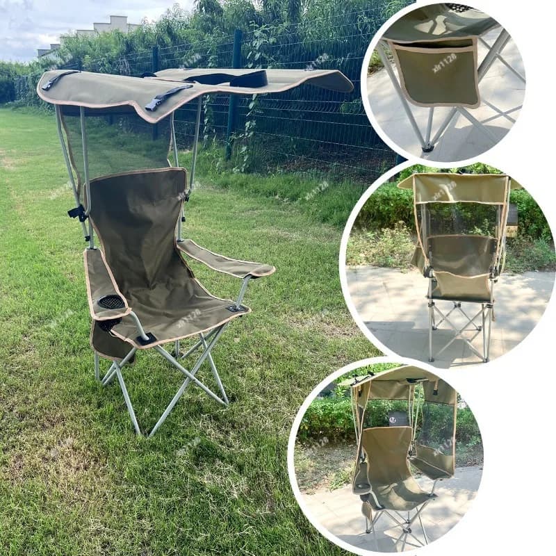 Foldable Fishing Chair With UV Protection Canopy Portable Armrest Seat For Camping Outdoor Leisure