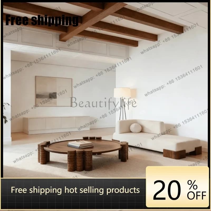 YJ Wabi Sabi Round Solid Wood Coffee Table Log Pillar Base Low Tea Table Retro Natural Wooden Center Table For Living Room