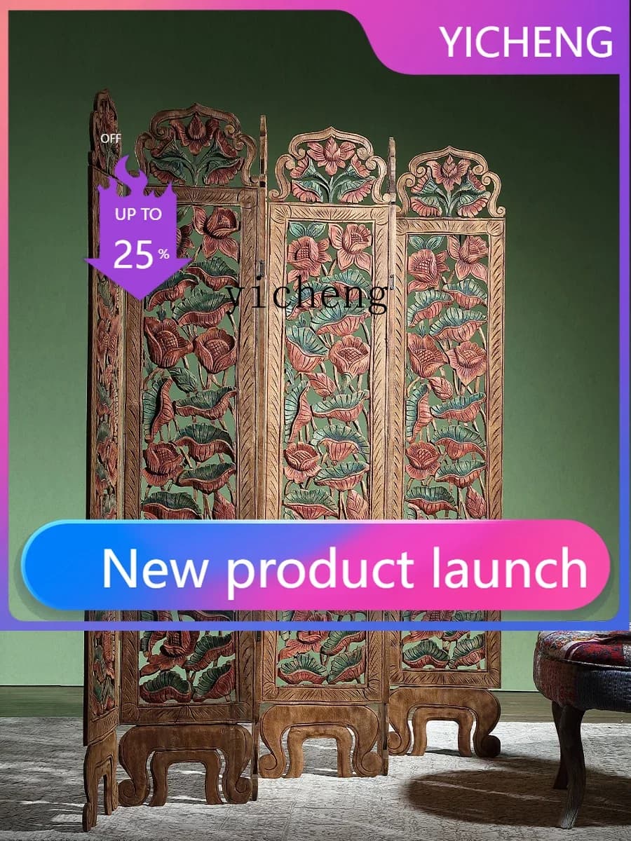 A2-10 Southeast Asia Hand Carved Solid Wood Painted Hallway Jucai Subareas Screens Folding Accordion Partition