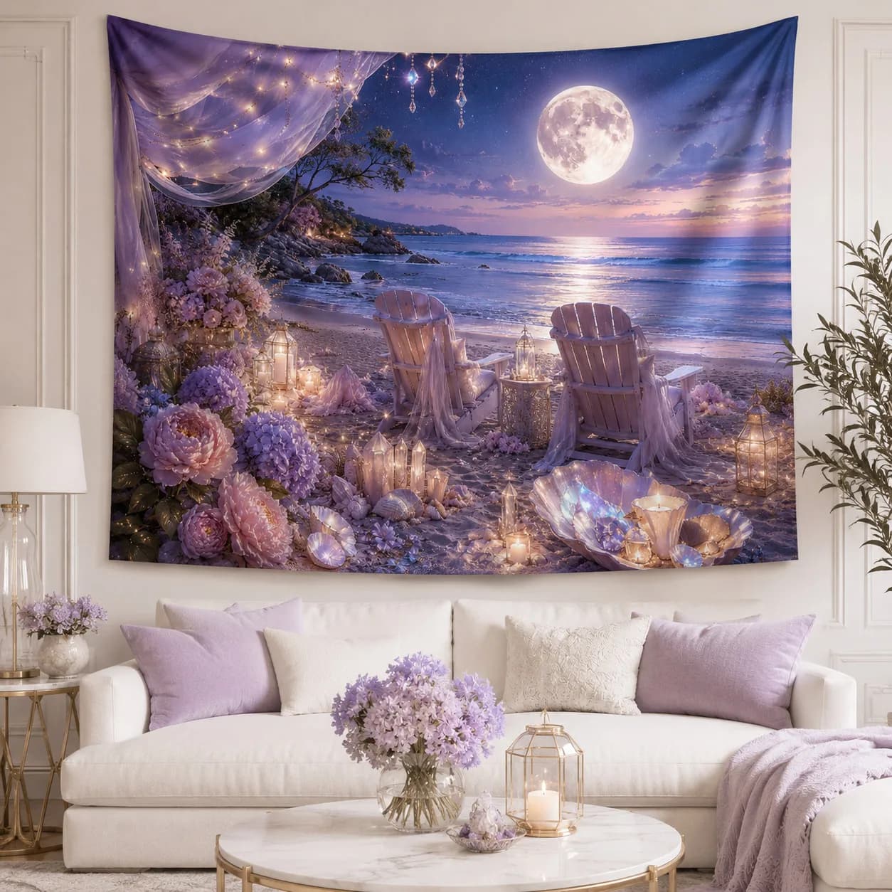 Purple Sunset Beach Tapestry Wall Hanging Full Moon Flower Sea Fabric Tapestries Cozy Bedroom Room Decor Aesthetic Bed Backdrop