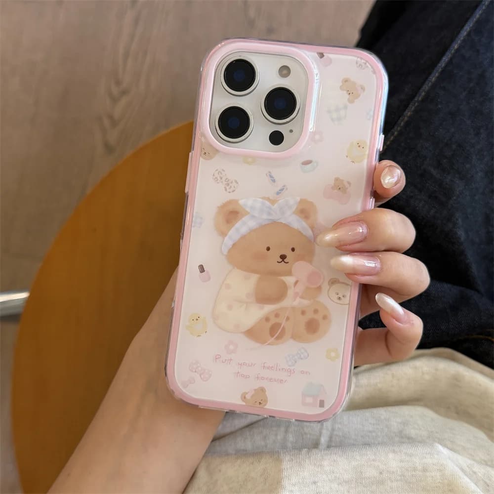 Cute Bath Bear Cartoon Phone Case For iPhone 15 16 17 Pro Max Pink Polka Dot Bow Shockproof Cover For Girls Kawaii Aesthetic