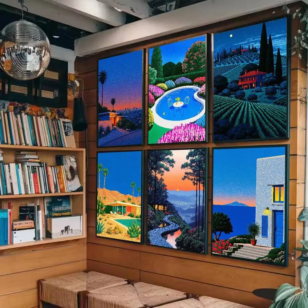 Popular Retro 80s Cityscape Scenery Poster Tropical Villa Palm Tree Sunset Landscape Colorful Nature Scenery Poster Decor