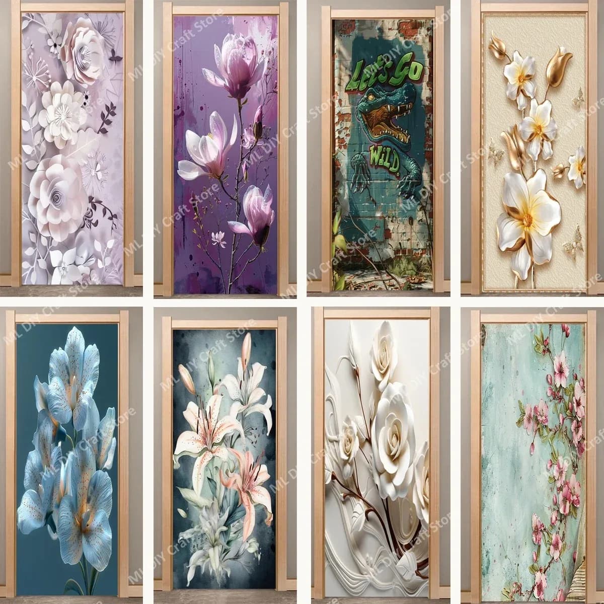 Door Stickers Retro Purple Romantic Flowers Wall Art Mural Wallpaper Adhesive Full Door Wrap Cover for Room Home Closet Decor