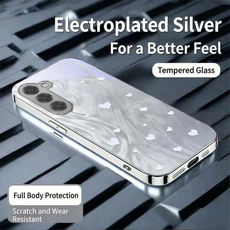 Silver Grey Silk Clover For Samsung S24 Ultra S21 S22 FE S23 Plus S20 S25 S26 Note 10 20 Silvery Glass Electroplated Phone Case