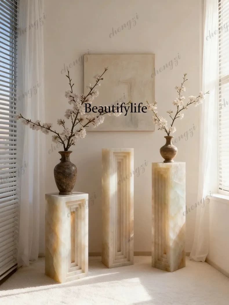Light luxury jade marble column floor sculpture decorative ornament pier base pier display stand