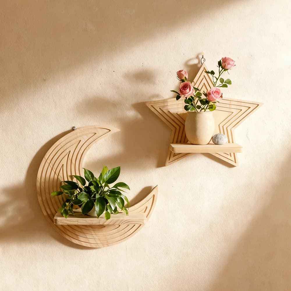 Moon Star Shape Wooden Floating Wall Shelves Creative Wall Hanging Rack for Plants Decor Bedroom Nursery Home Wall Decoration