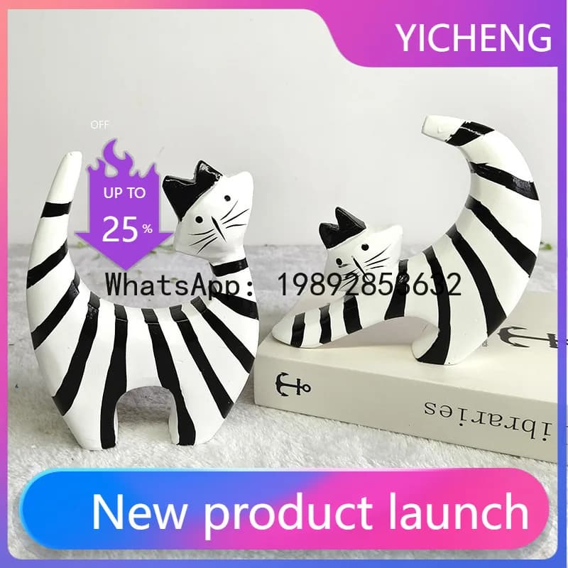 SLT Nordic Black and White Series Striped Set of Two Cat Figurines Cute Adorable Cat Living Room Decorations