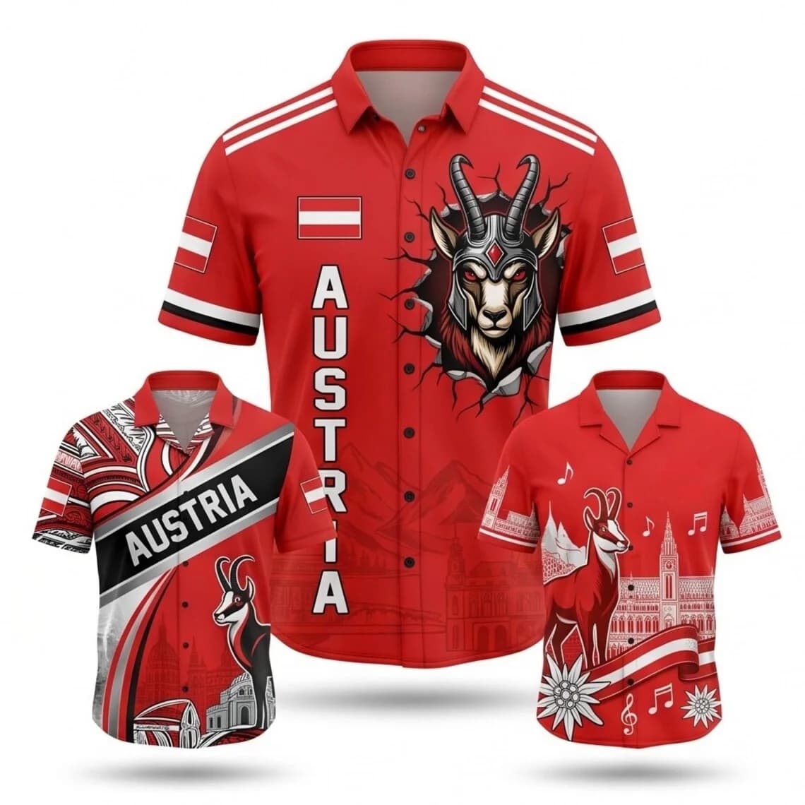 Austria Hawaiian Shirts Trio, Red Soccer Fan Outfit Alpine Goat Flag Landmark Edelweiss Music Vacation Gift for Match Party Wear