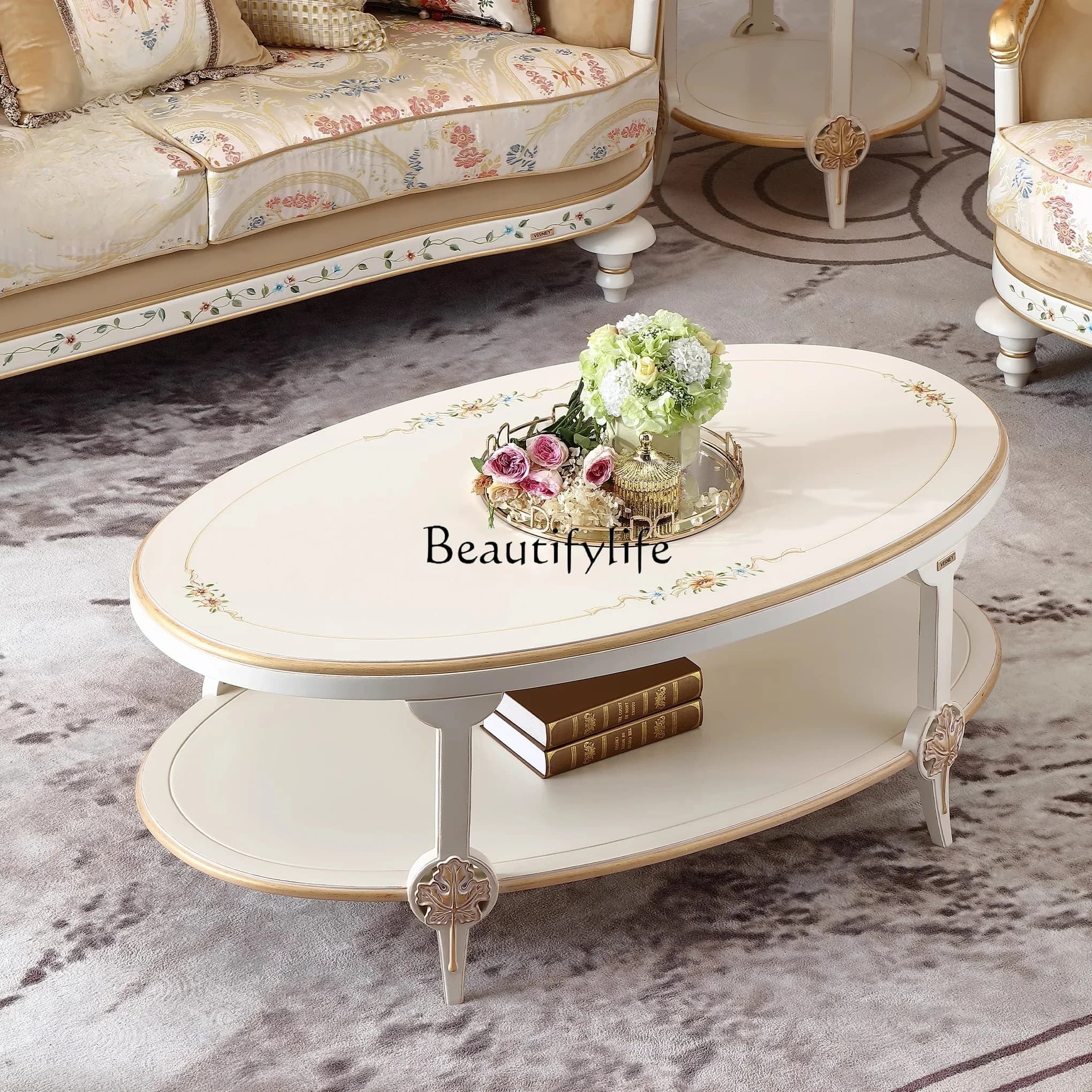 03.Luxury French retro high-end furniture European villa living room solid wood coffee table