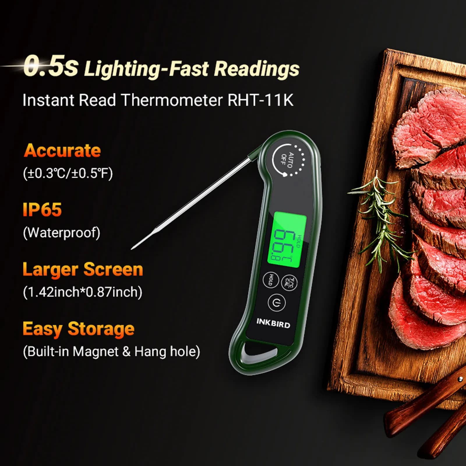 INKBIRD RHT-11K Portable BBQ Thermometer IPX5 Fast Reading Food Thermometer with Backlit LCD for Cooking,Deep Frying,Baking