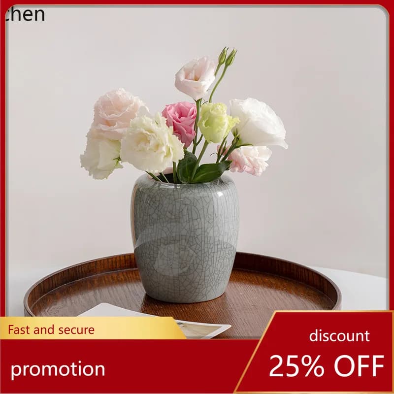 CZ Vintage Ru Kiln Iron Wire Ceramic Hydroponic Vase Decorative Flower Living Room Table Ornament Craft Flowerware