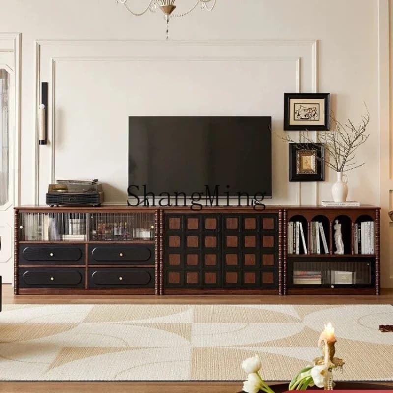 SM solid wood TV cabinet household small apartment floor combination living room retro storage display cabinet