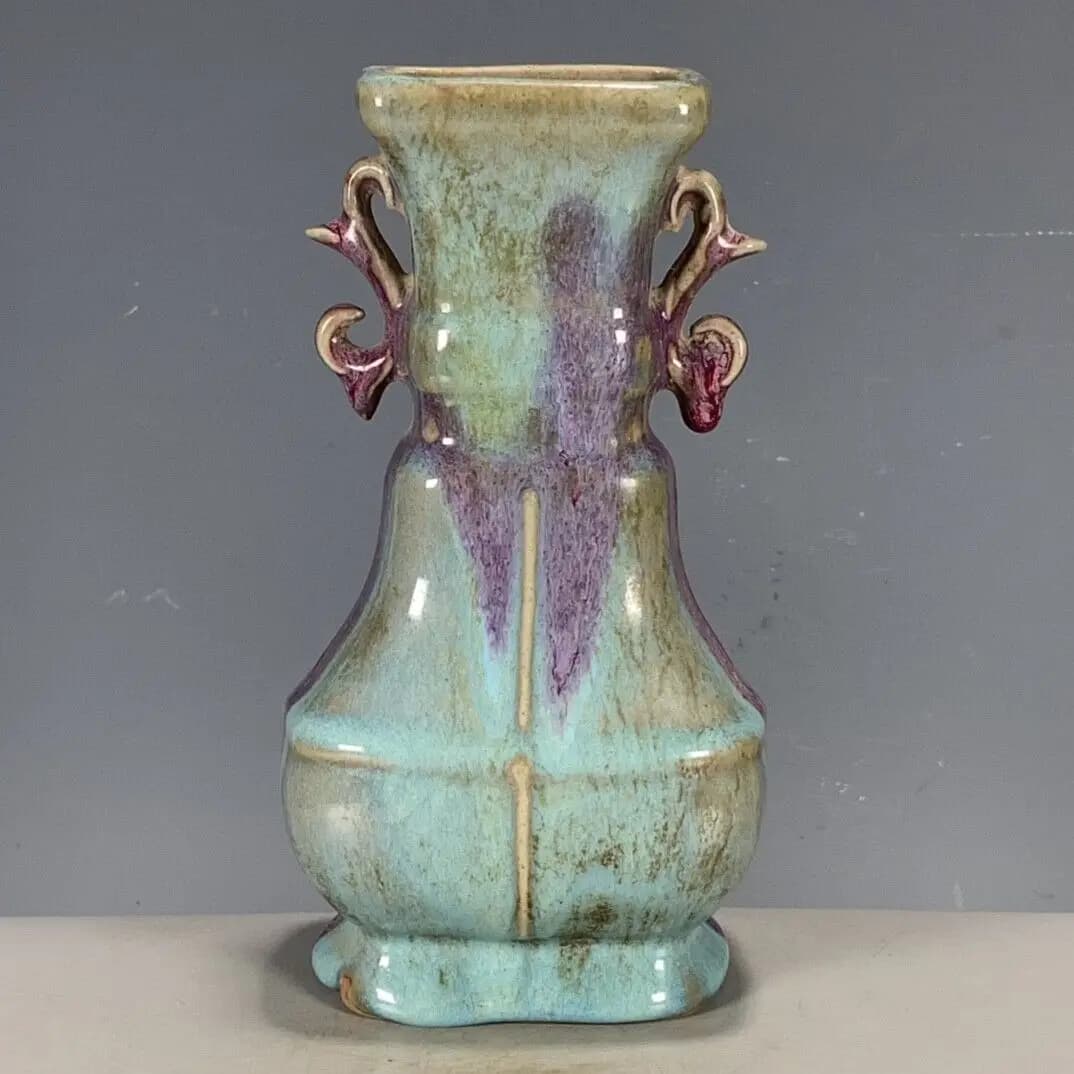 Chinese Fine Porcelain Song Jun Kiln Blue Glaze Kiln Change Double Eared Vase Home Decoration