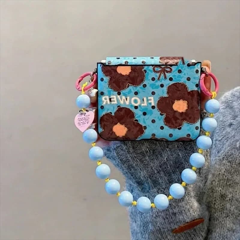 For Xiaomi Mix Flip Case Luxury Gold Foil Flower Phone Case For Xiaomi Mix Flip / Mixflip 2 Funda with Cute Beaded Chain