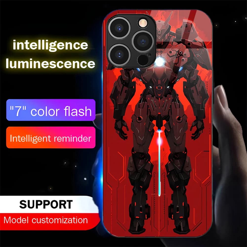 Popular Punk Mech Luminous Glass LED Call Light Up Flash Phone Case Cover For iPhone Air 17 16 E 15 14 13 12 11 Pro Max XR XS