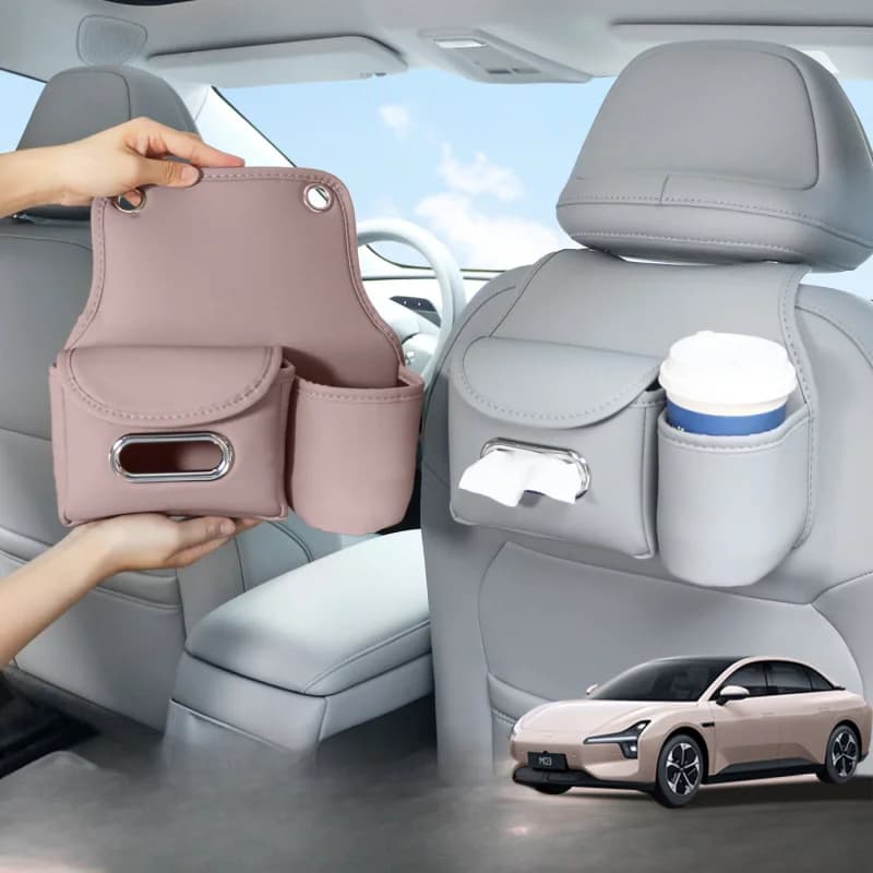 Car Headrest Storage Bag Leather Auto Backseat Hanging Tissue Water Cup Holder