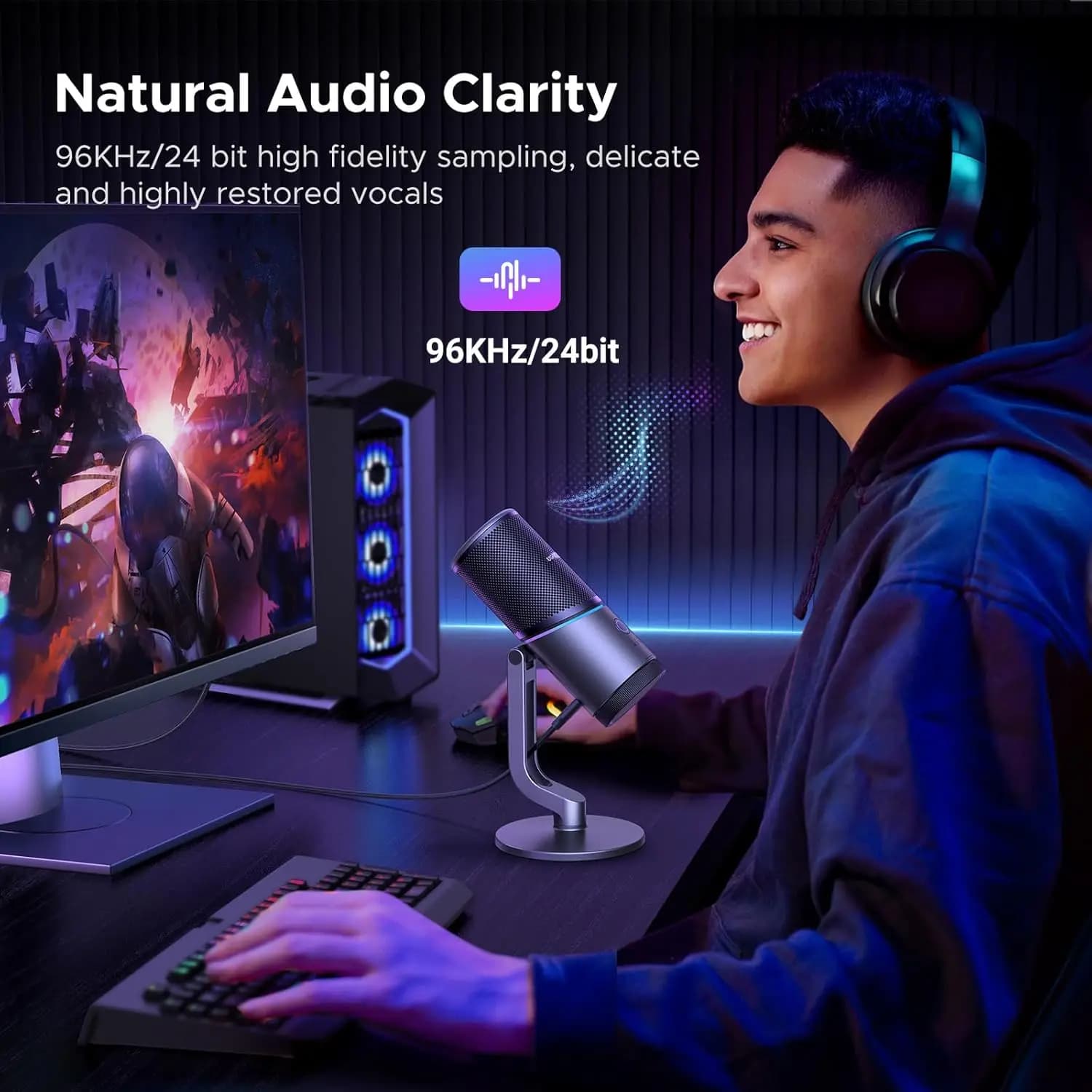 UGREEN Microphone for PC, USB Mic with RGB Lights,Mute Button,24bit/96kHz,Cardioid Polar Pattern,Volume Control Wired Microphone