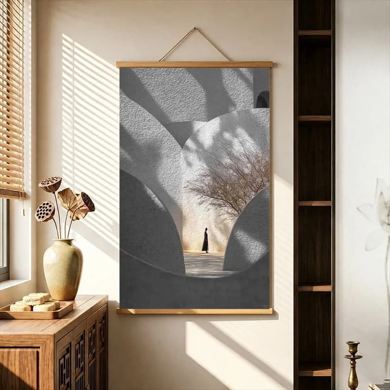 Wall Decor Tiny Figures beneath Monumental Waterfalls, Pearlescent Canvas Hanging Scroll for Meditation Room Interior Decor