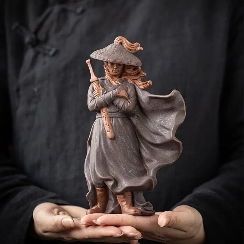 8" Zi Sha Clay Swordsman Statue Chinese Knight Zen Figure Righteous Warrior Home
