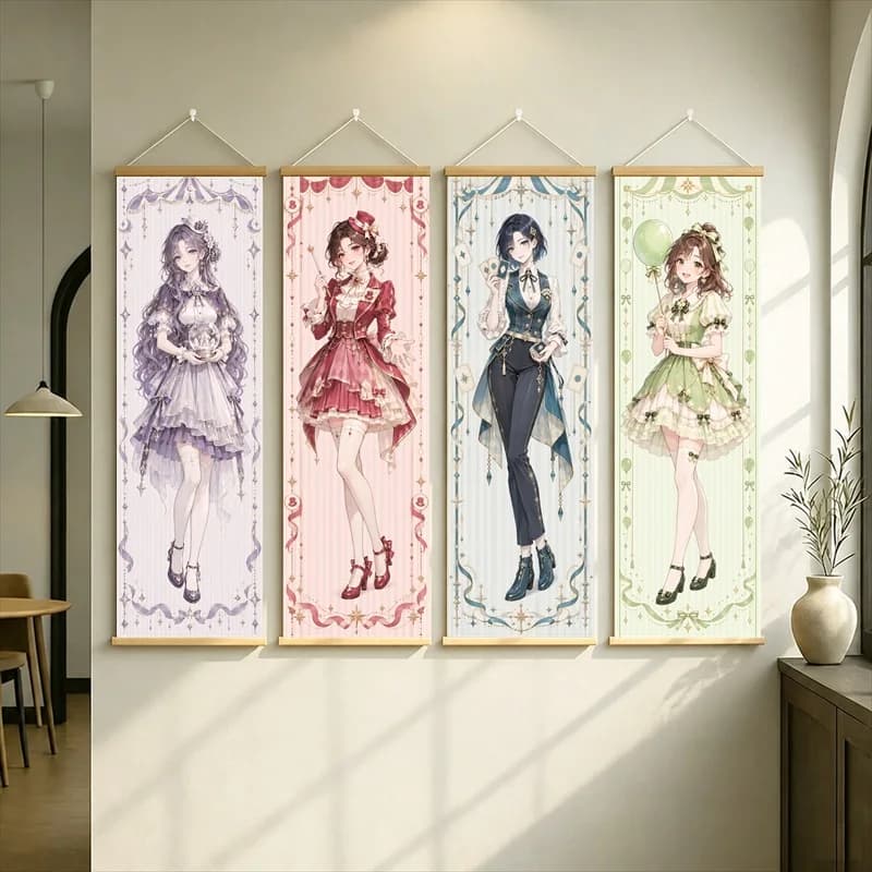 Anime Girls in Ruffled Dresses and a Blue Suit Hanging Scroll with Colorful Floral Borders for a Quiet Reading Nook