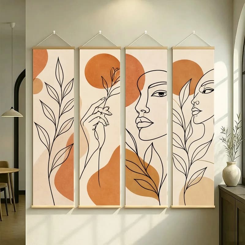Wall Art Minimal Woman Face and Botanical Line Drawing, Modern Boho Pearlescent Canvas Hanging Scroll for Fashion Studio
