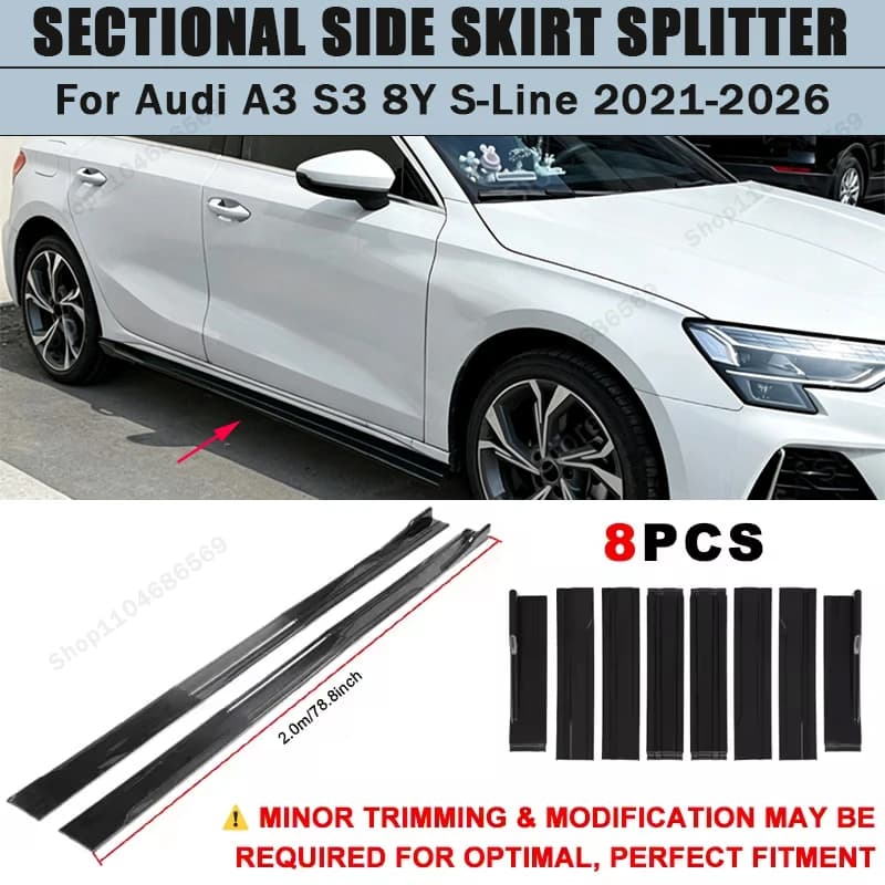 For Audi A3 S3 8Y S-Line 2021-2026 Side Skirts Extension Rocker Panel Splitter 78.7" ABS Plastic Body Kit Tuning 2022 2023 2025