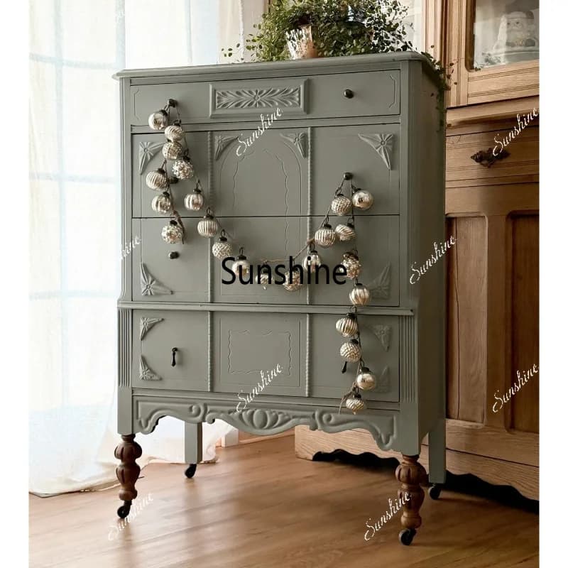 American country solid wood carving flower chest household integrated storage retro bedroom storage