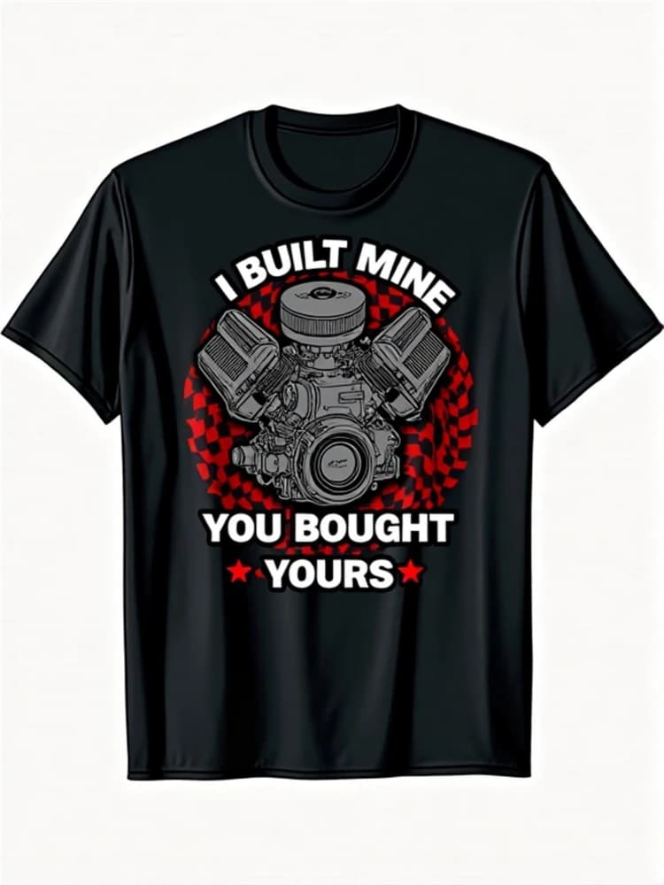 "I Built Mine You Bought Yours"Automotive Graphic-Bold Engine Design-100% cotton O-neck short sleeve printed men's T-shirt.