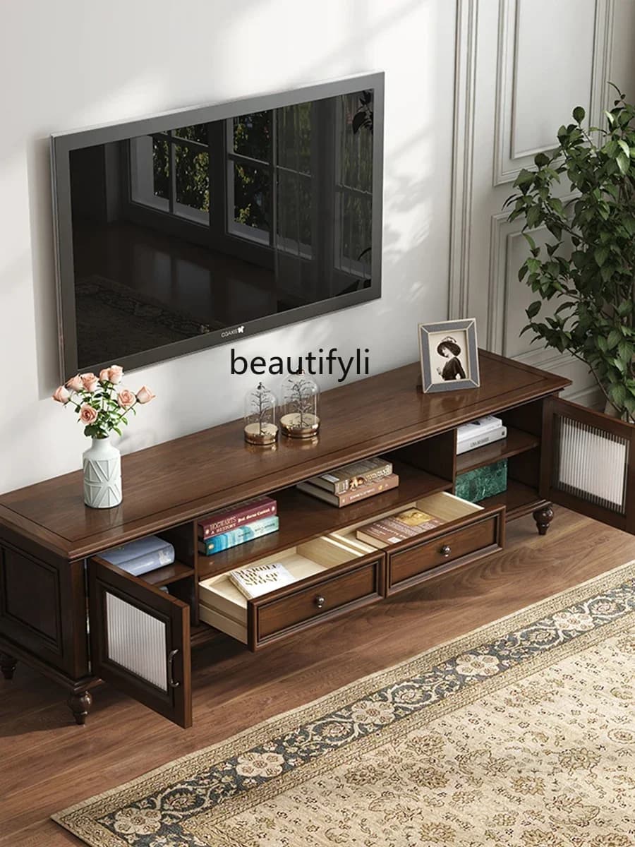 K185 American Solid Wood TV Cabinet Simple Living Room Audiovisual Cabinet Floor Cabinet Coffee Table TV Retro Small Apartment