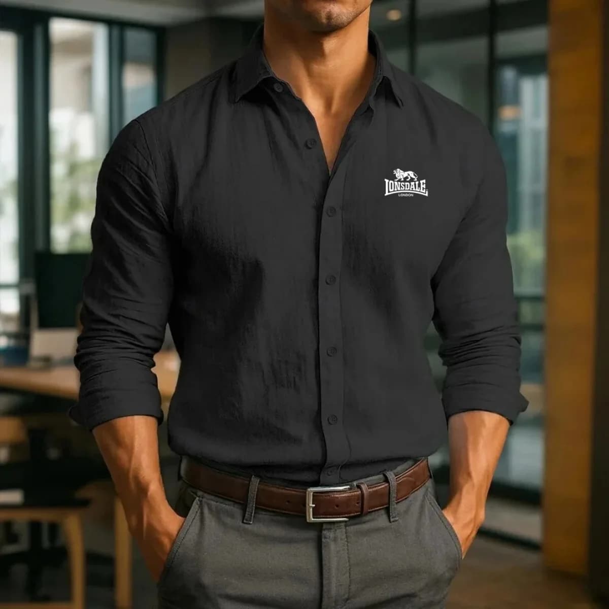 LONSDALE Men's Lightweight Pure Cotton Long-Sleeved Henley Casual Shirt Beach Wear Suitable Linen Sh