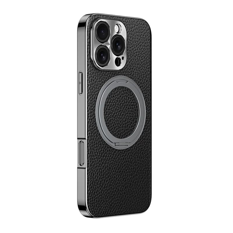 360 Rotation Bracket Electroplated Cowhide Leather Case For iPhone 14 15 16 Pro Max Metal Len Magnetic Ring Holder Protect Cover