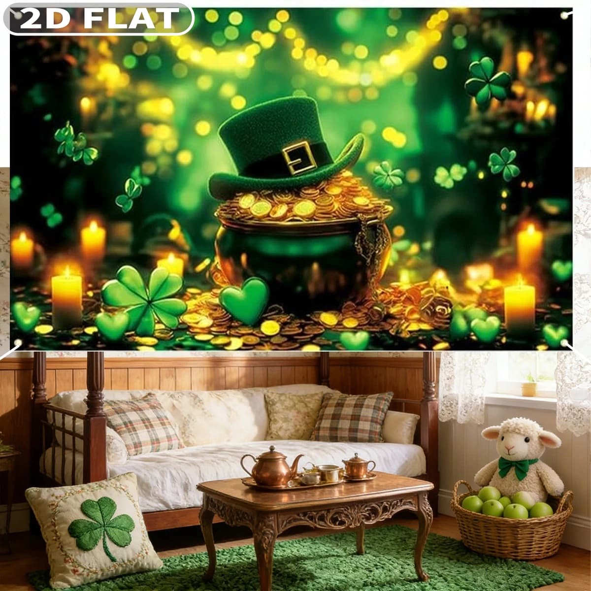 2D FLAT 1pc St Patricks Day banner, 43.31x70.87 Inch Polyester Photography Background Lucky Shamrock St Patricks Outdoor Decor