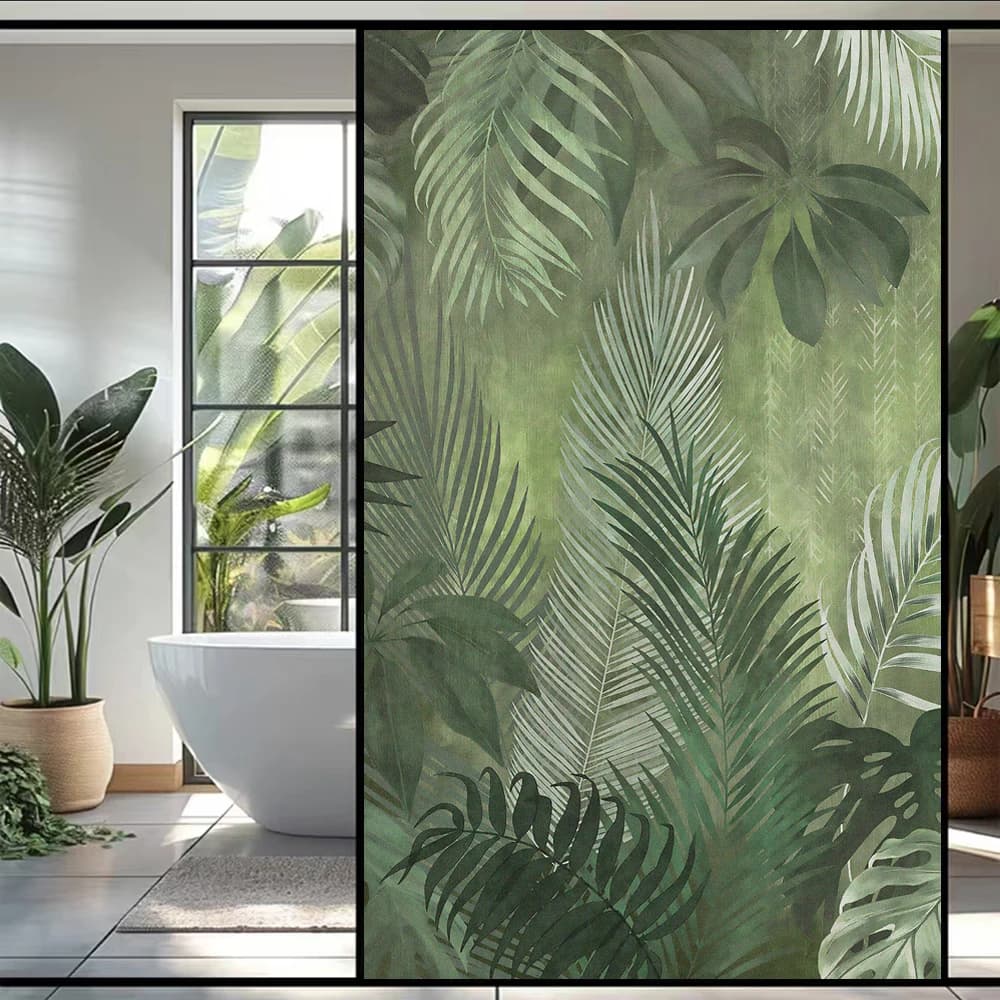 Privacy Windows Film Green Plant Decorative Pattern Window Stickers No Glue Static Cling Frosted Glass Sticker for Home
