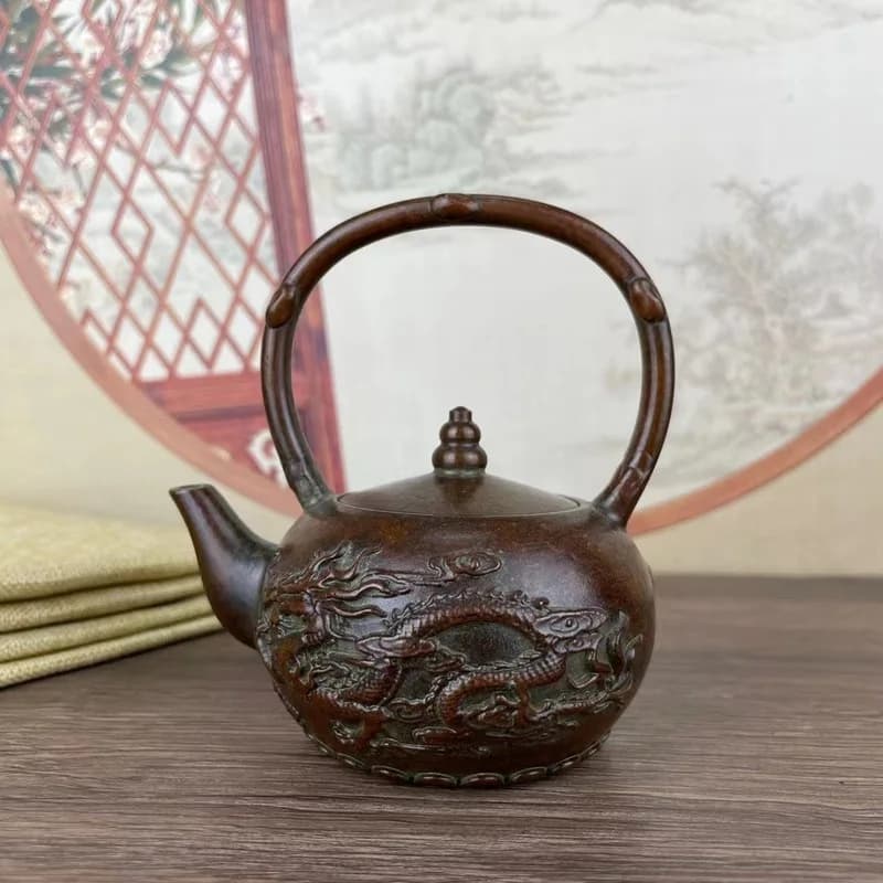 Antique Miscellaneous Items: Dragon and Phoenix Auspicious Ornament Brass  Wine  Teapot with Handle Water Jug