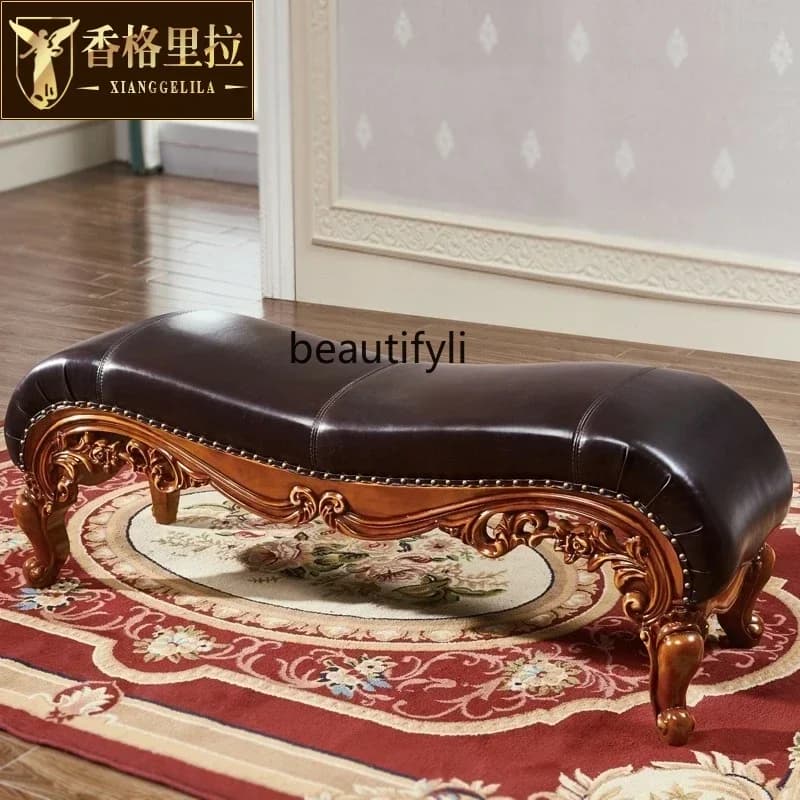 32European first layer leather bedside stool full wood carving flower, bench American bedside stool