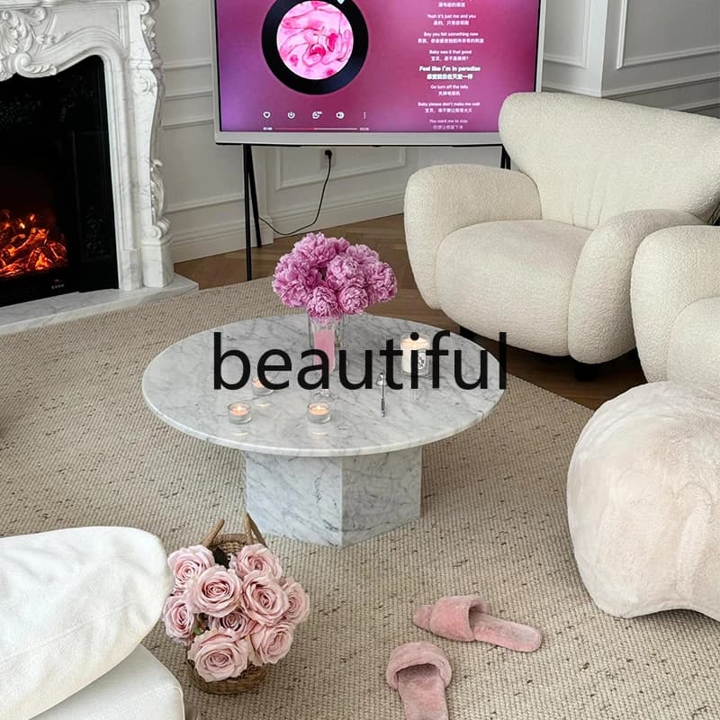 Cream wind white marble coffee table, French natural light luxury stone living room round coffee table