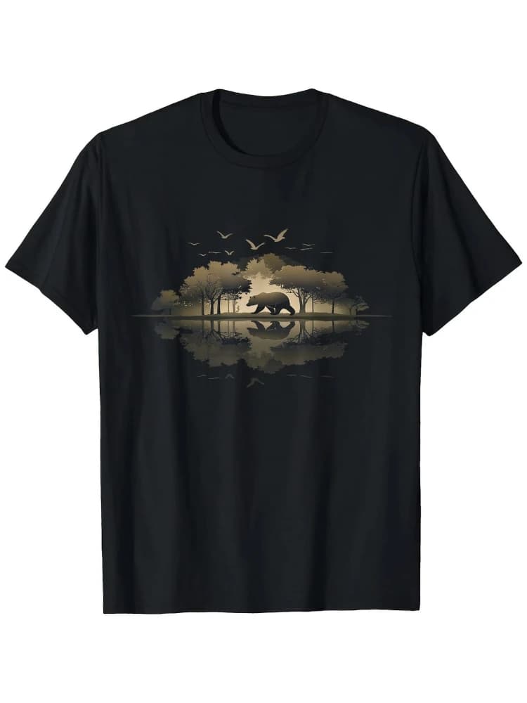 Retro Bear Forest  pattern -100% cotton summer casual short sleeve O-neck printed men's T-shirt.
