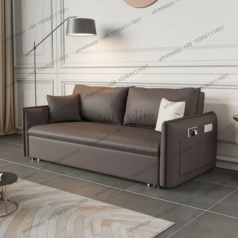 Multifunctional double Nordic light luxury pull leather sofa bed leather folding integrated dual-purpose