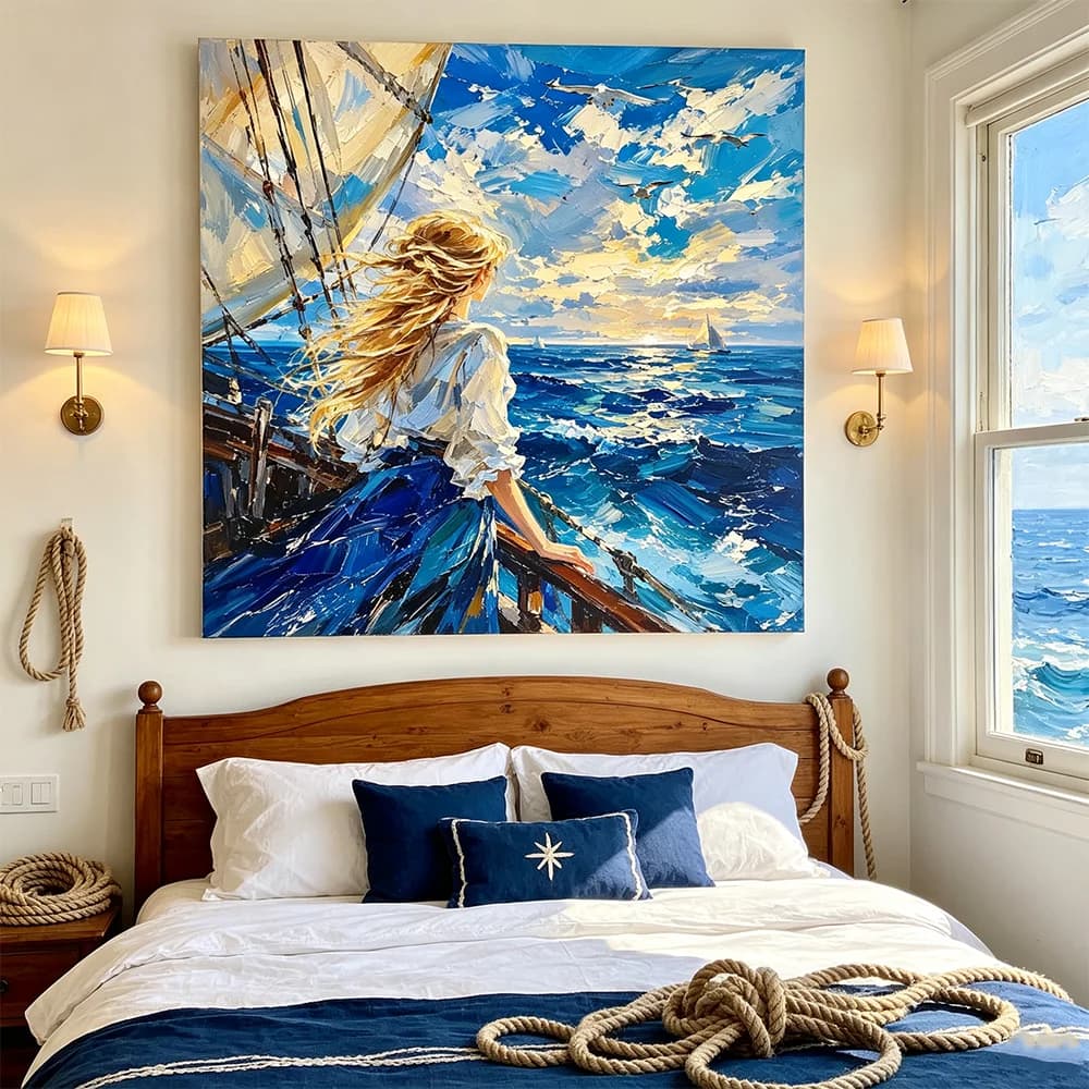 Blue Sea and Sky Picture Wall Art Poster Seascape Beauty Girl Canvas Painting Print for Modern Living Room Home Decor Gifts