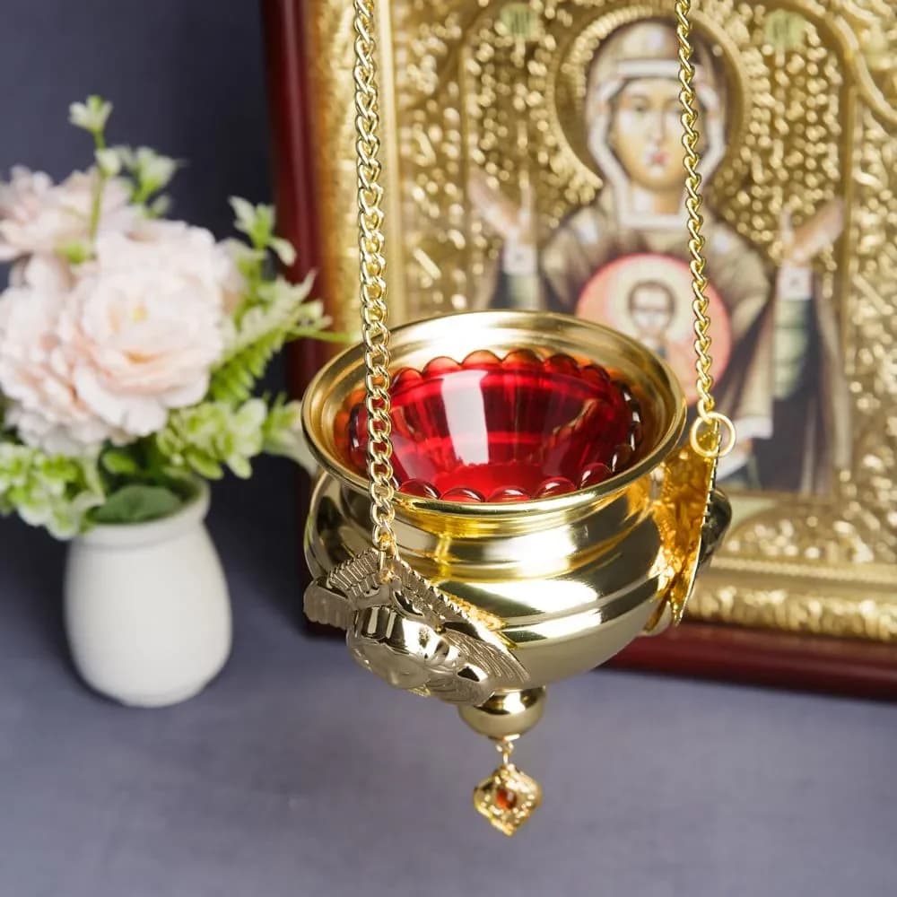 New Church Vigil Oil Lamp with Chain Zinc Alloy Hanging Oil Lamp Red Glass Cup Wick Stand Family Prayer Corner Ornament Box Gift