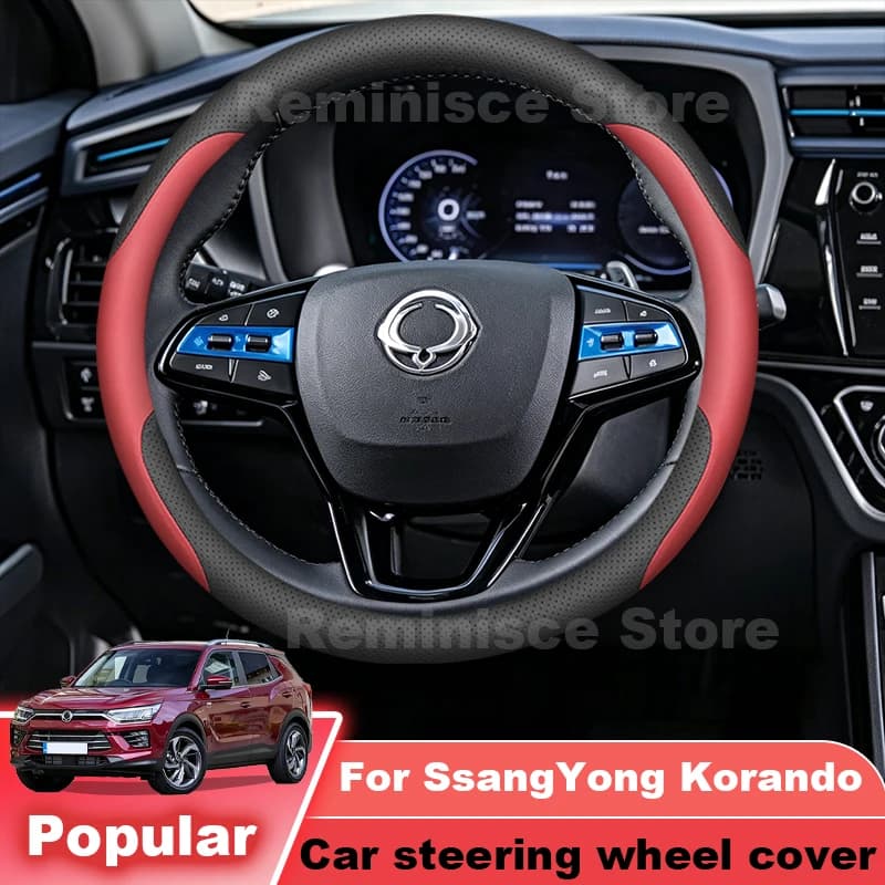 Nappa Leather Car Steering Wheel Cover For SsangYong Korando C CK C200 2010-2019 2020 Non Slip Steering Wheel Cover Accessories