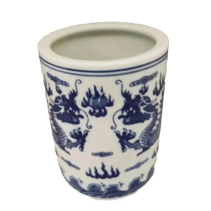 China Old Porcelain Collectible Vase Pen Holder Blue And White Double Dragon Pattern Antique Decorative Item