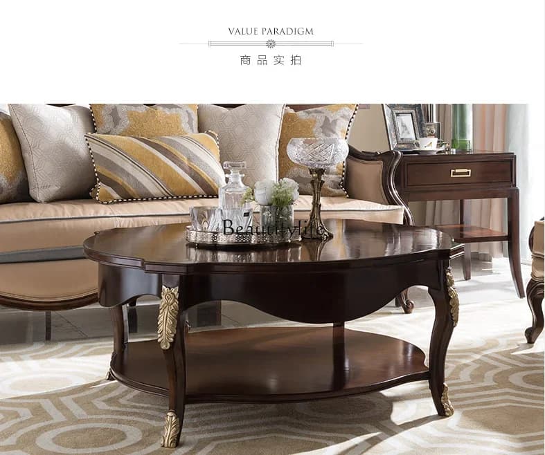 yj21  American rural solid wood oval coffee table European light luxury carving gold painting postmodern simple beauty
