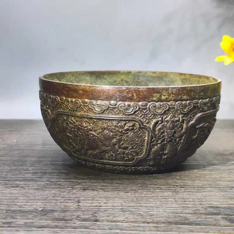 Antique Collectible Copper Ornament, Vintage Alloy Treasure Bowl Decorative Craft