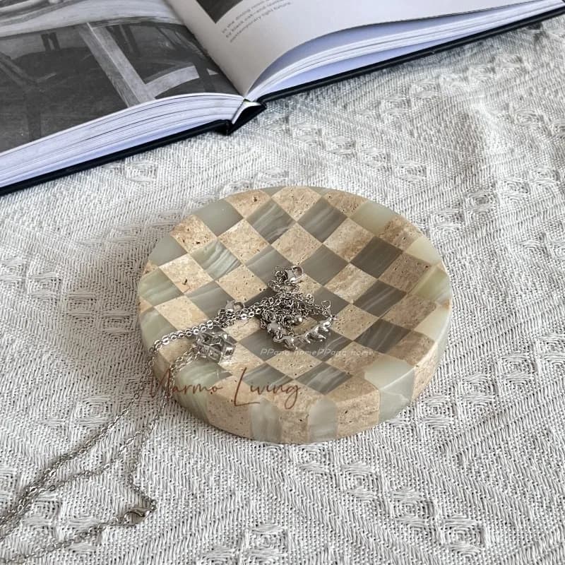 French light luxury style girls' jewelry storage plate desktop natural marble small ornaments round decorative small tray